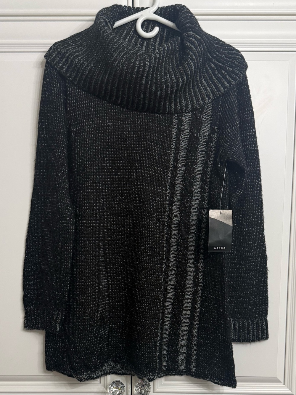 NWT Majora Size Large Black & Grey Textured Knit Cowl Neck Tunic Sweater Cozy
